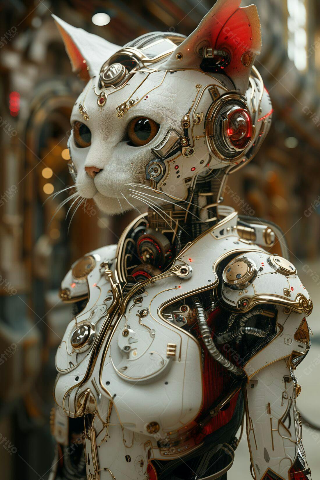 Gato robô branco e dourado futurista