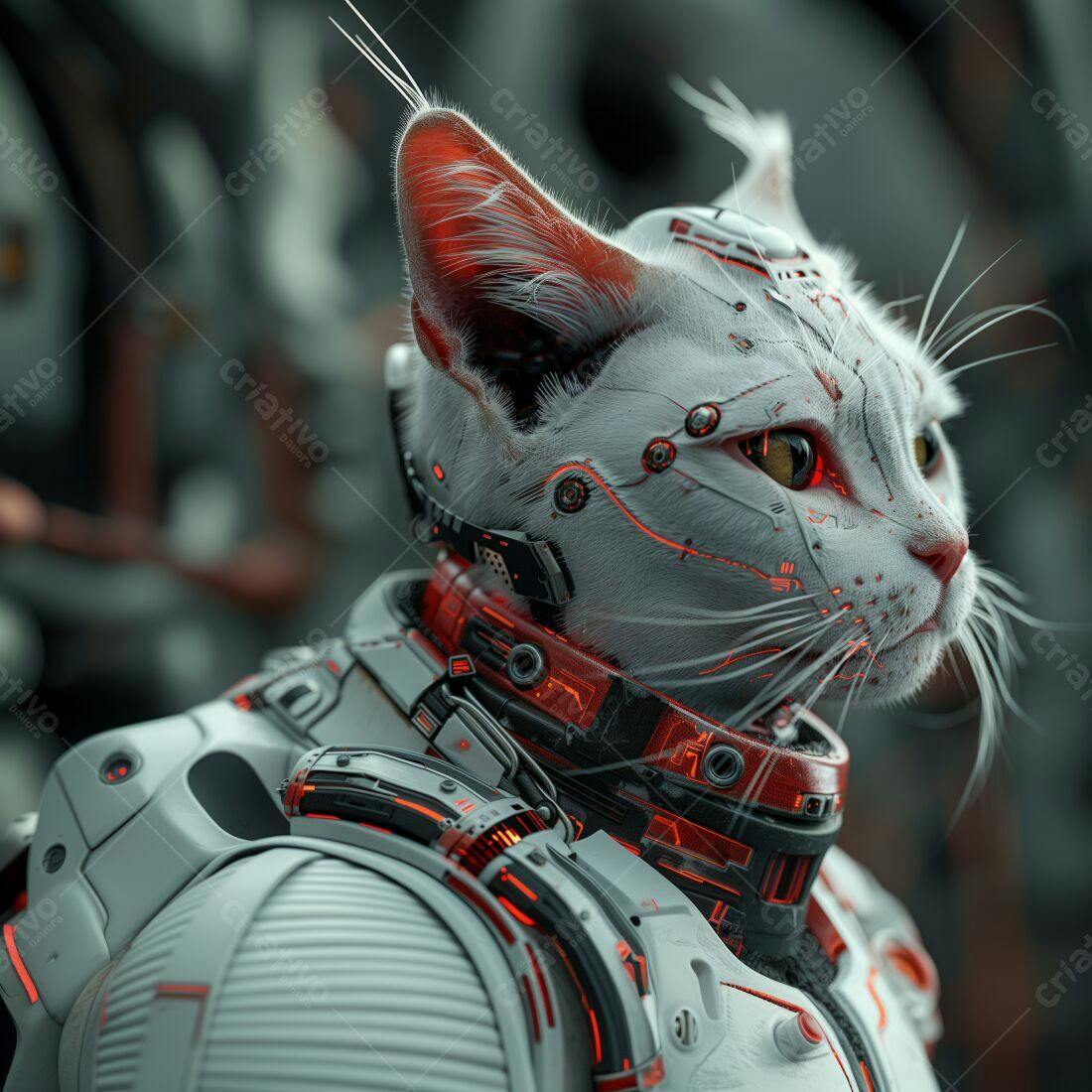 Gato branco em armadura futurista