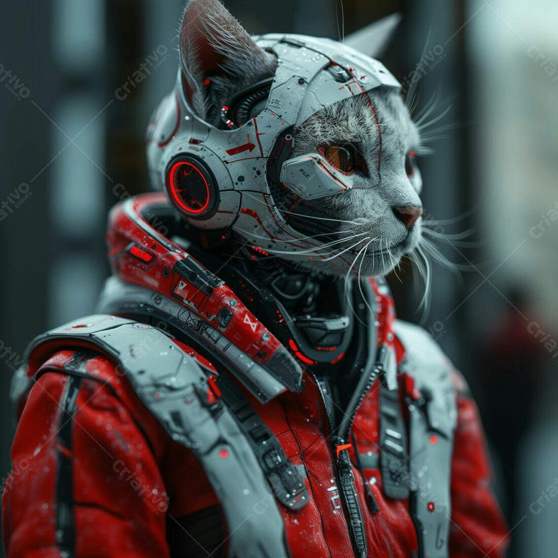 Gato futurista em traje vermelho e branco
