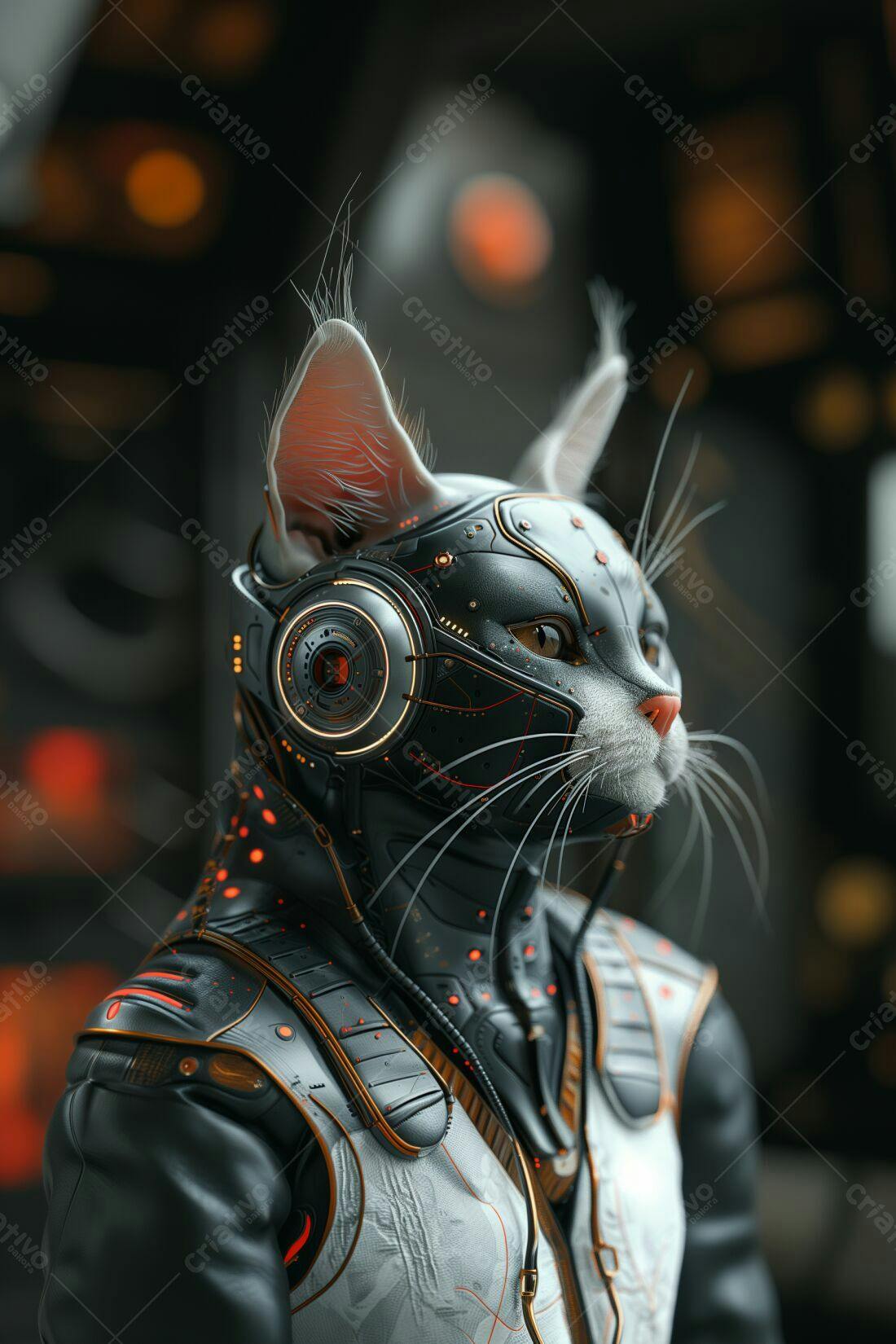 Gato futurista com armadura preta e laranja