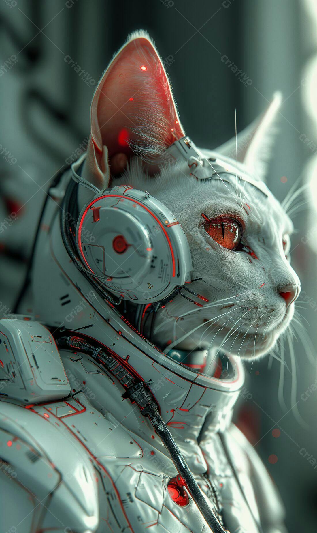 Gato branco em armadura futurista