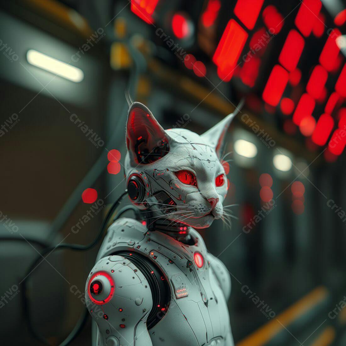 Gato robô futurista em cenário industrial