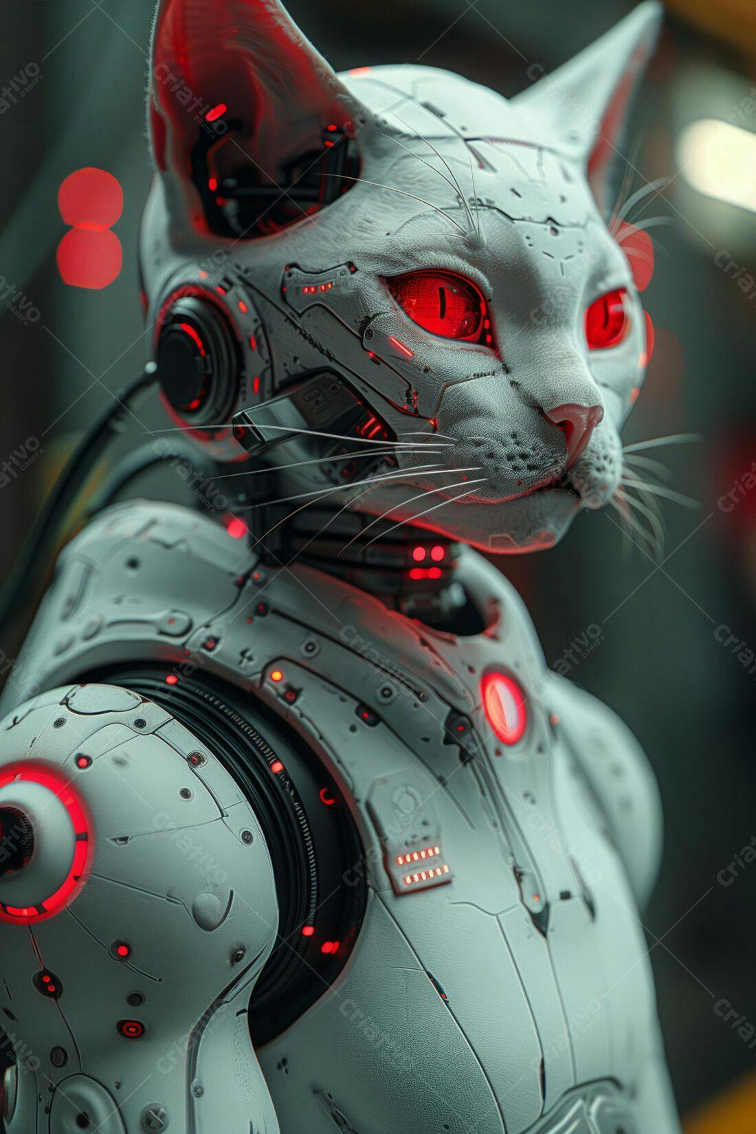 Gato robô branco com olhos vermelhos