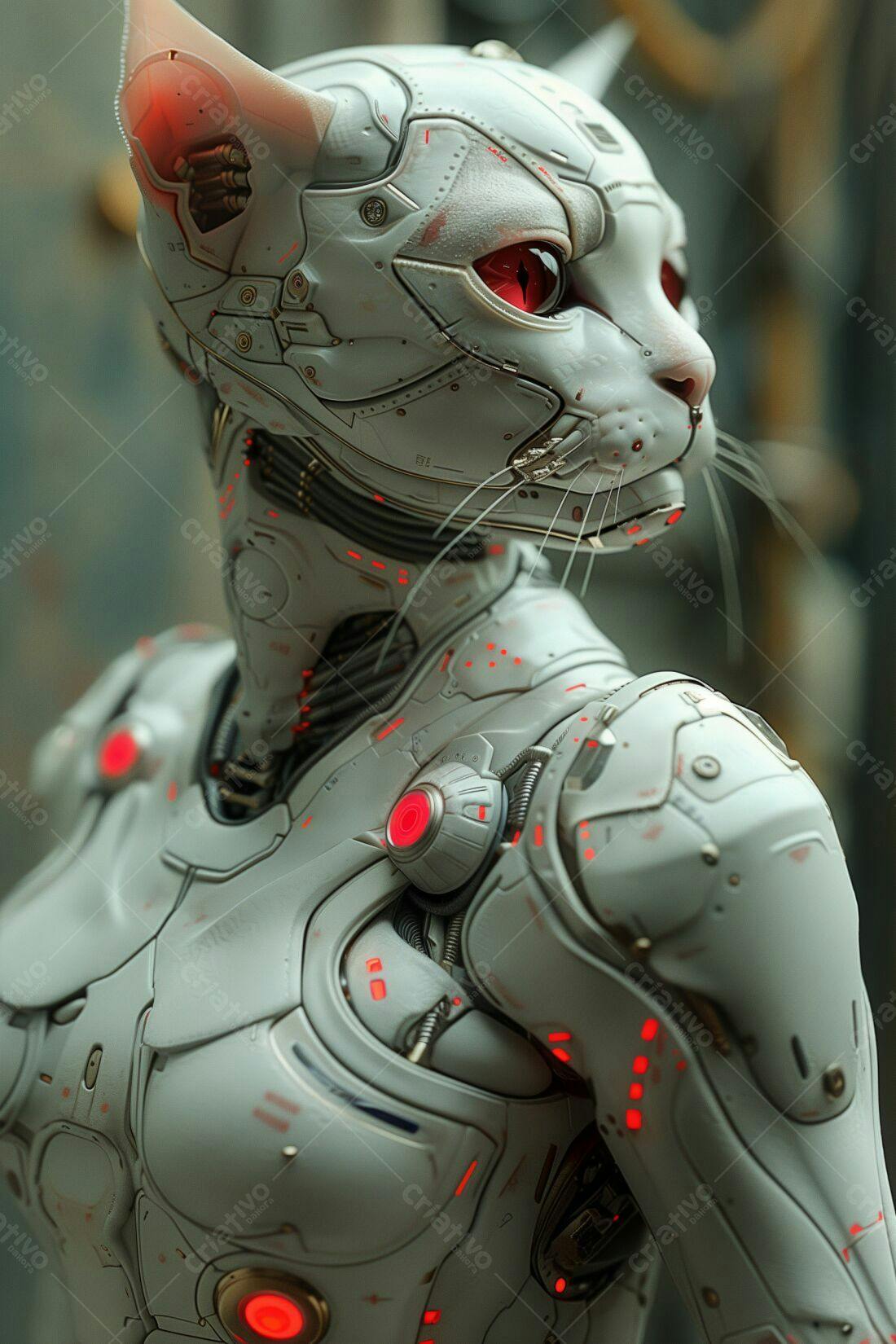 Robô Gato Branco com detalhes vermelhos