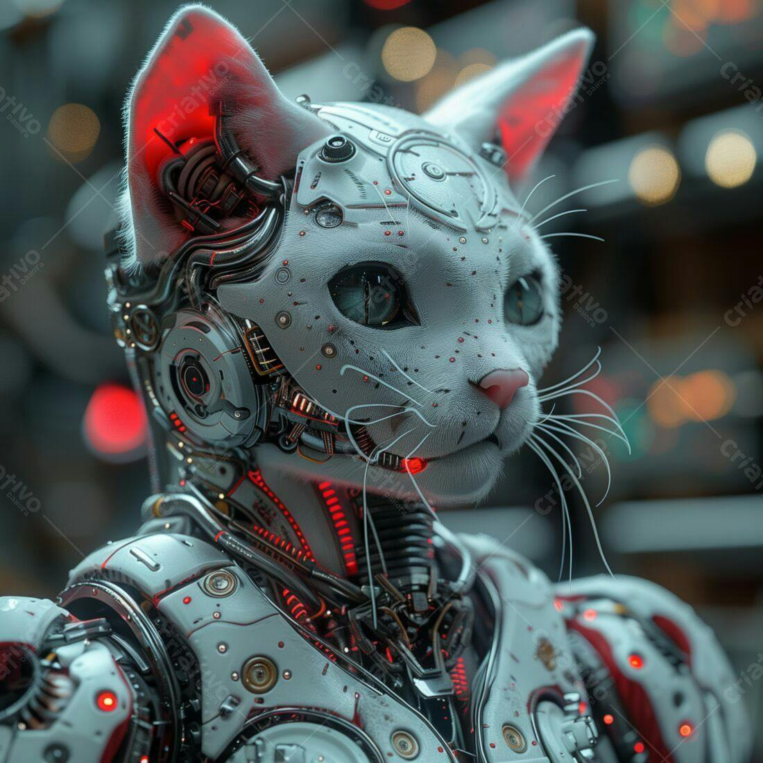 Gato robô branco e vermelho futurista