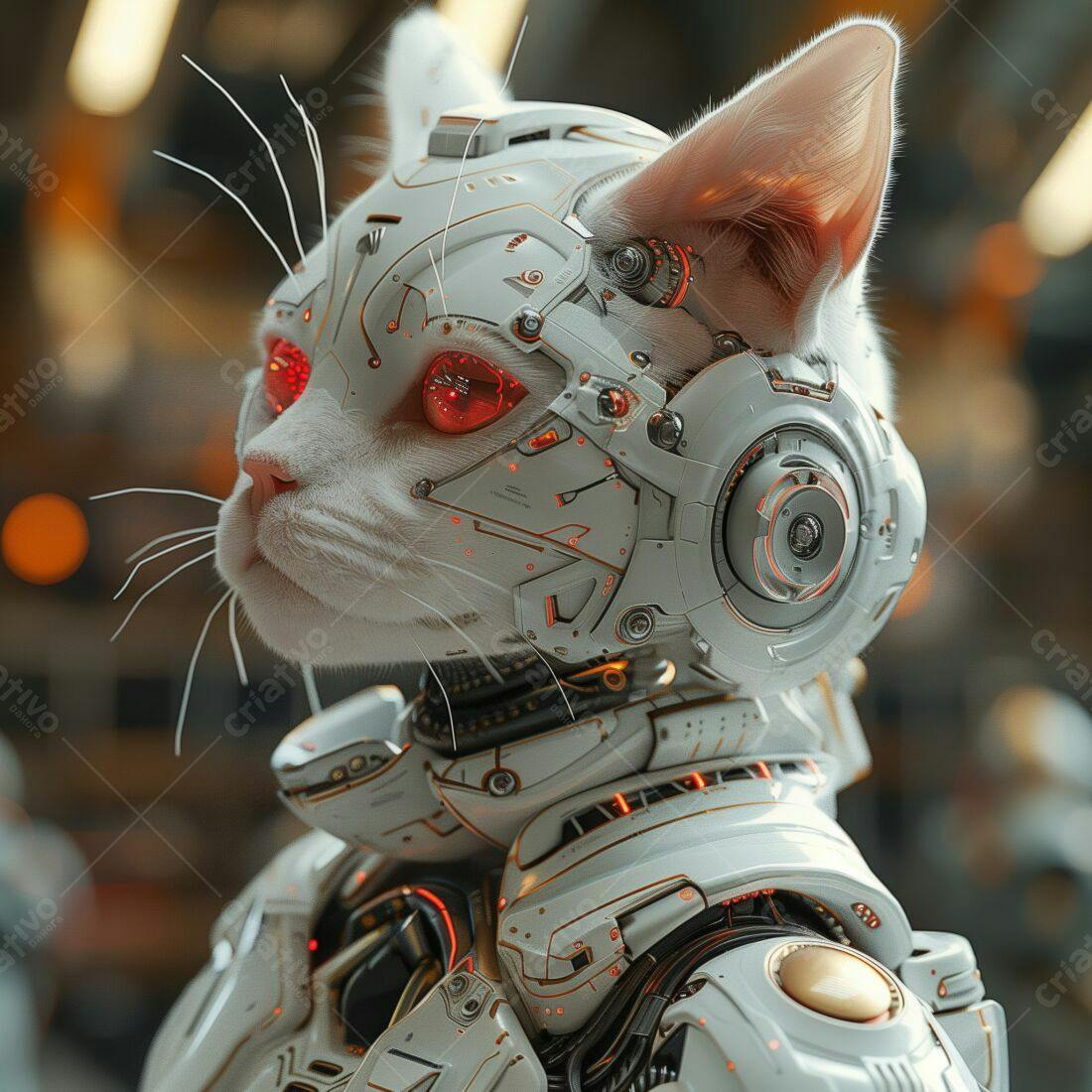 Gato robótico branco com olhos vermelhos