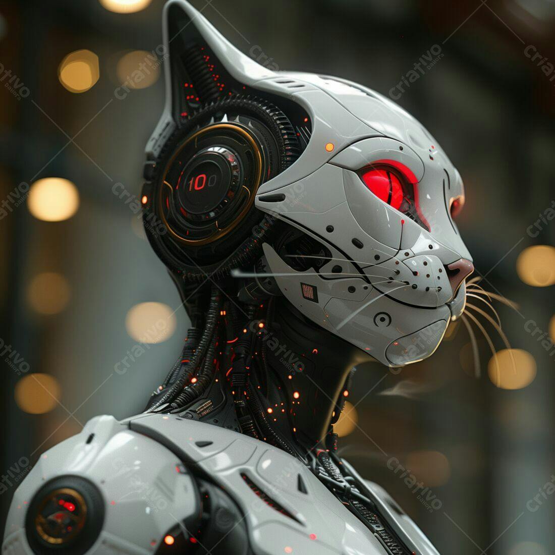 Robô Gato futurista branco e vermelho