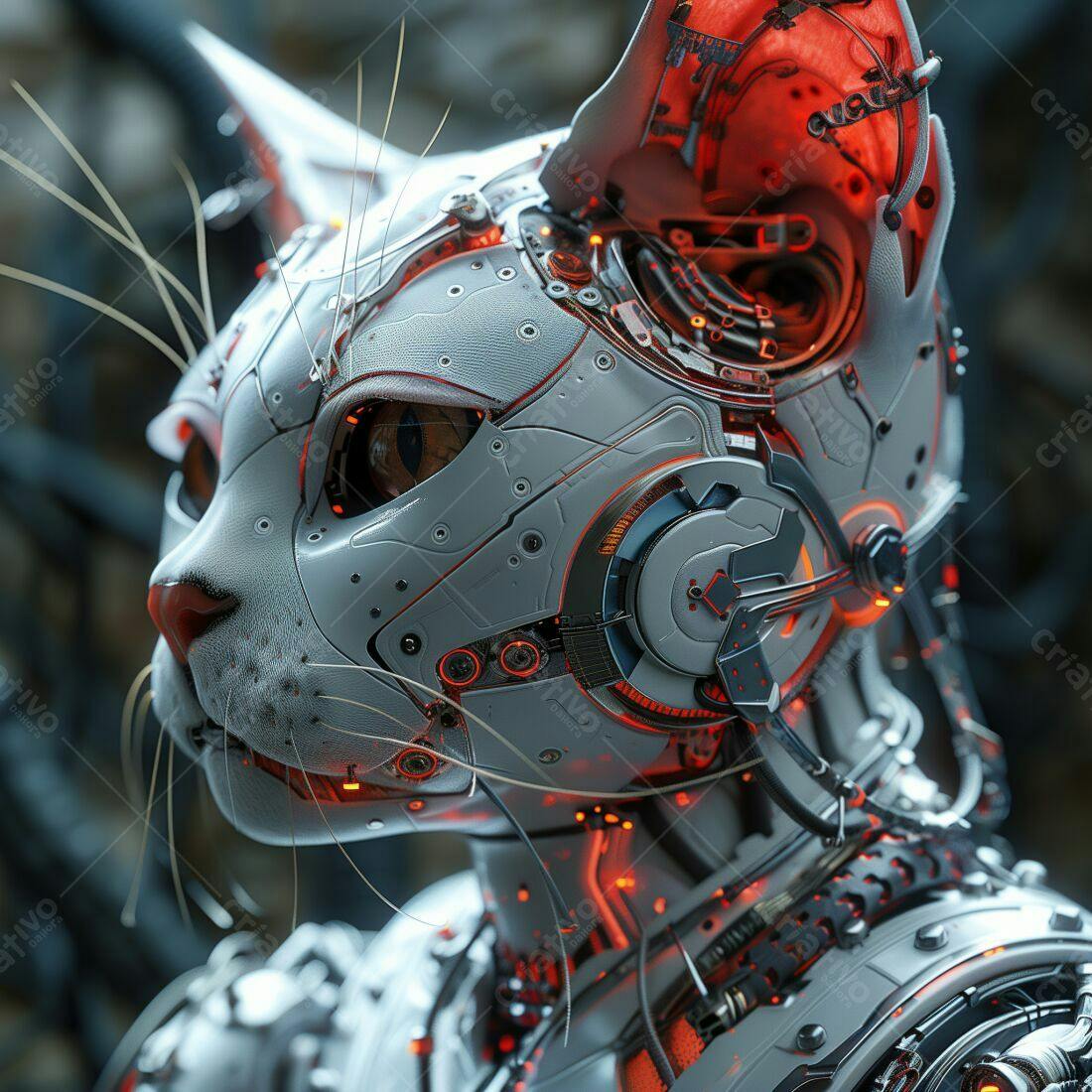 Gato robótico futurista branco e laranja