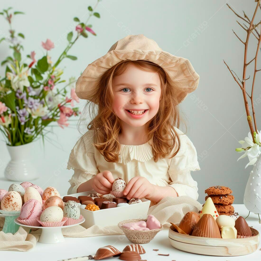 Menina ruiva com doces de Páscoa