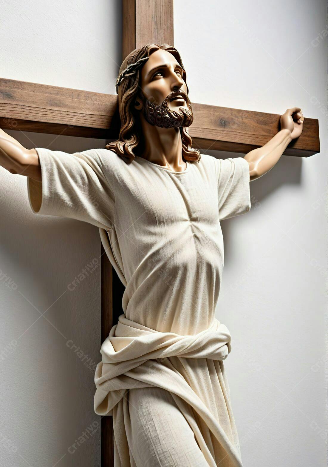 Estátua de Jesus Cristo na Cruz tons bege e marrom