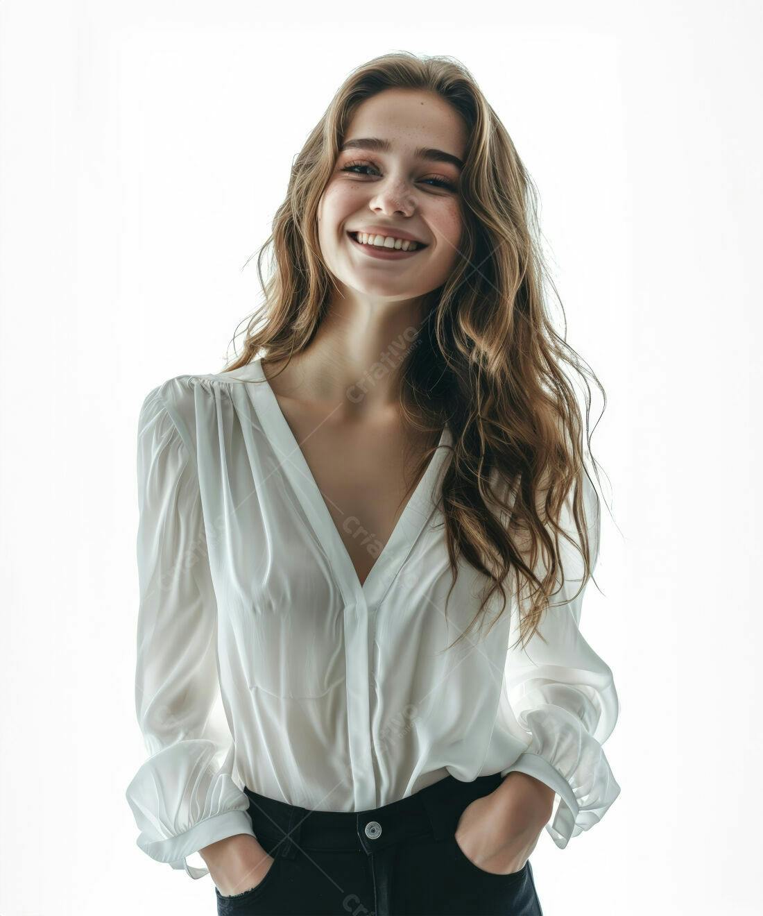 Mulher jovem sorrindo roupa branca fundo branco