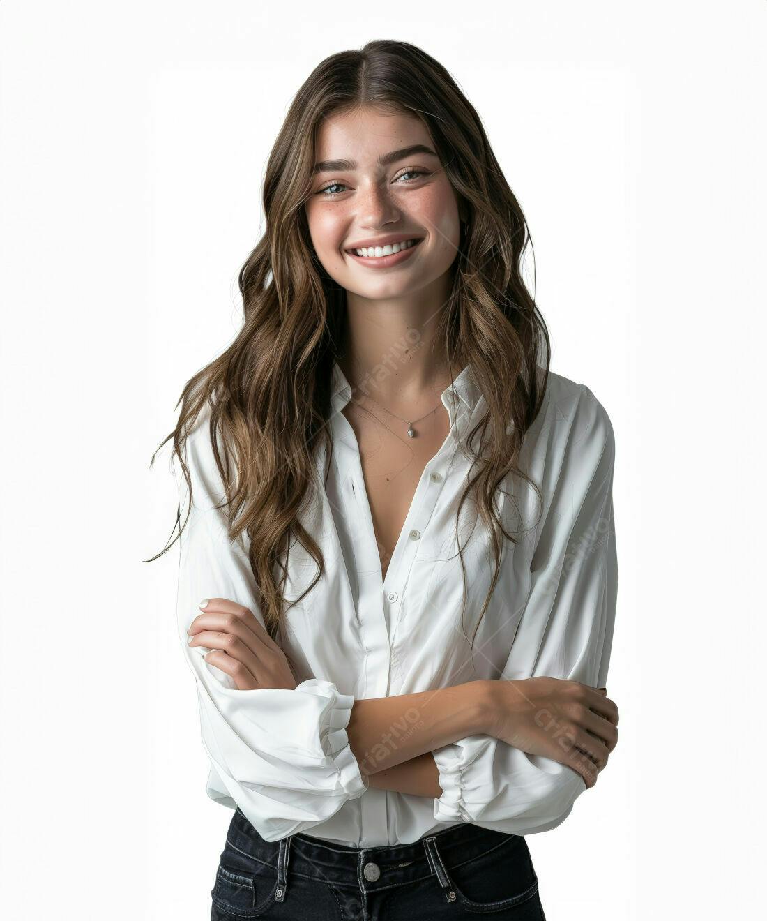 Mulher sorridente camisa branca fundo branco