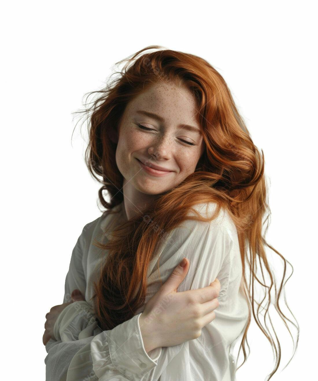 Mulher ruiva abraçando-se fundo branco