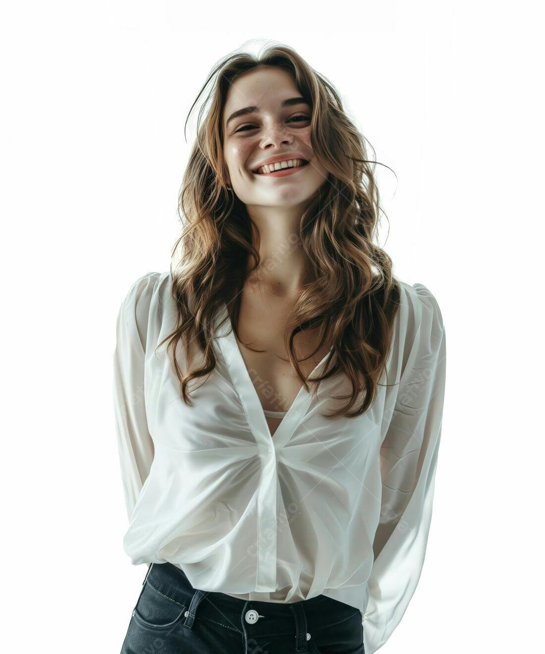 Mulher sorridente com camisa branca e jeans