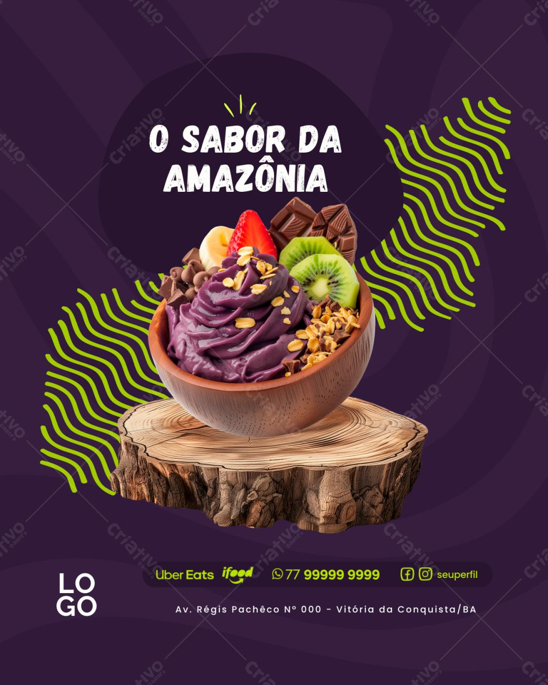 Post Instagram Açaí com frutas tropicais Editável no Canva