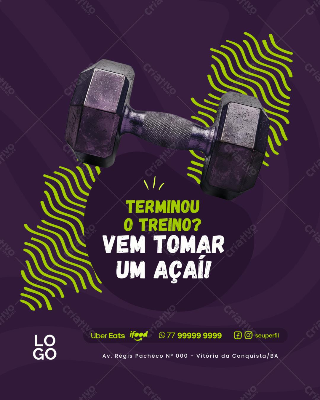 Post Instagram academia roxo e verde limão com halteres Editável no Canva