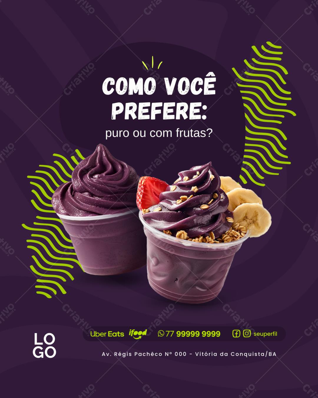 Post Instagram Açaí com e sem frutas Editável no Canva