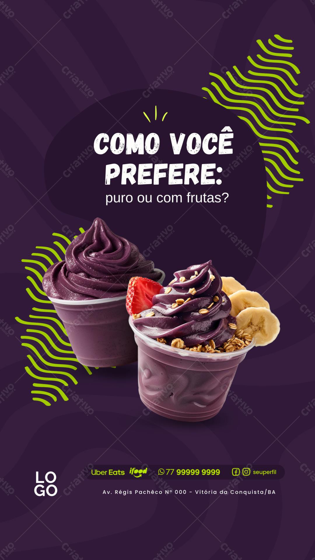 Post Instagram Açaí com frutas roxas e granola Editável no Canva