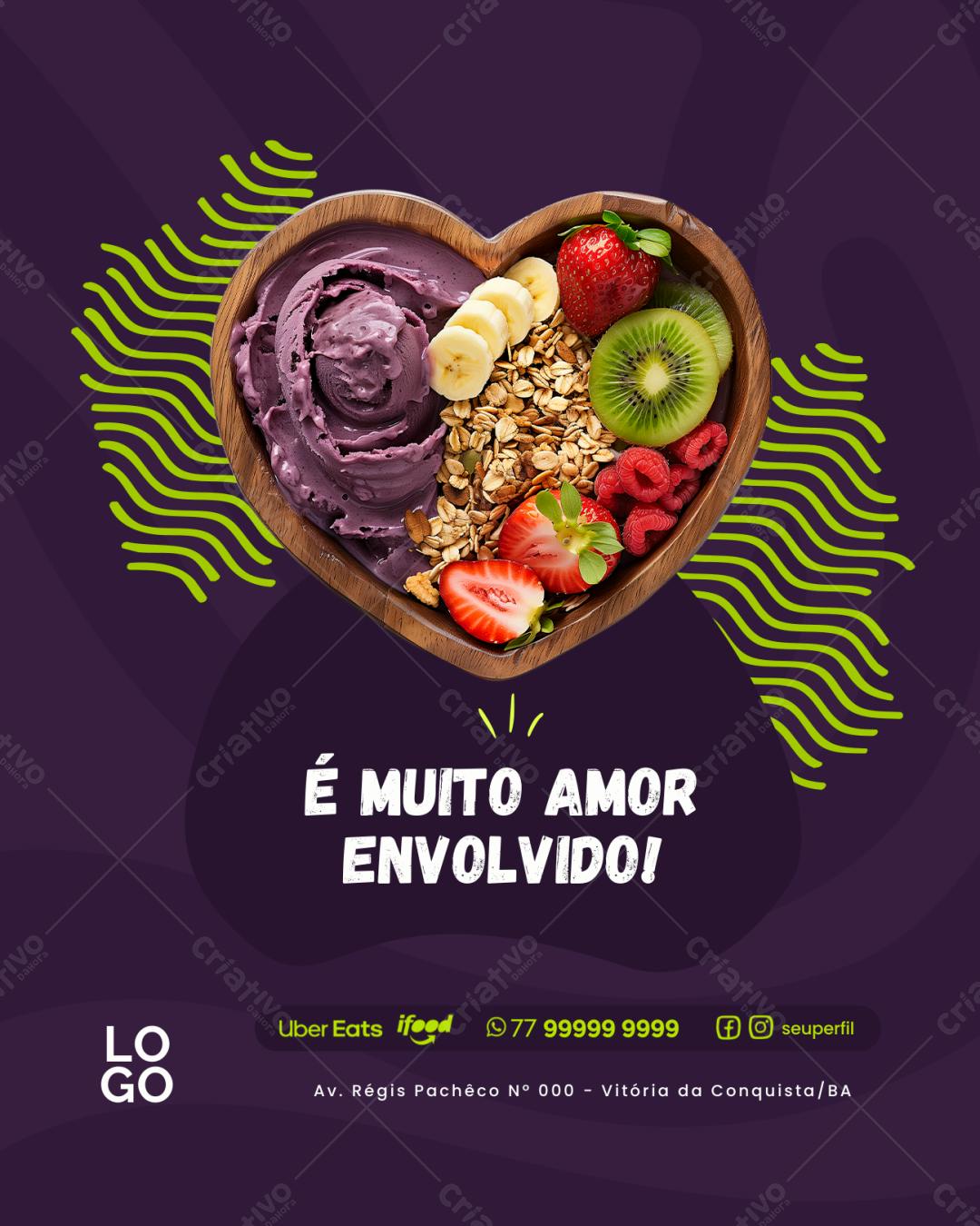 Post Instagram Açaí com frutas em formato de coração Editável no Canva