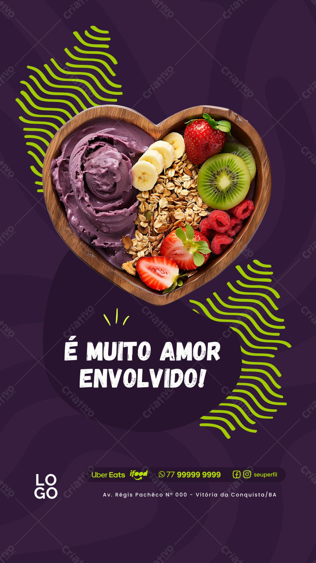 Post Instagram Açaí com frutas roxas e granola Editável no Canva