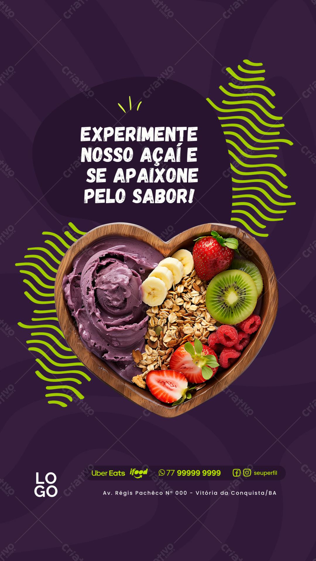 Post Instagram Açaí com frutas em bowl de madeira Editável no Canva