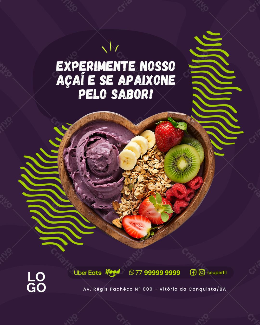 Post Instagram Açaí com frutas vermelhas e granola Editável no Canva