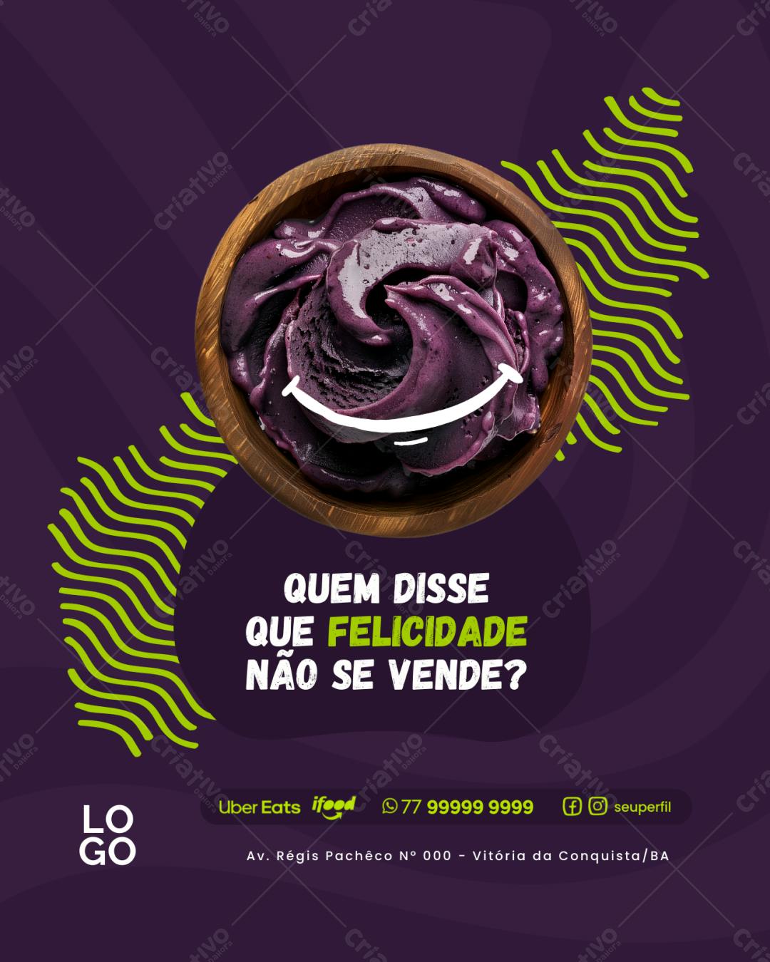 Post Instagram Açaí roxinho e verde para delivery Editável no Canva
