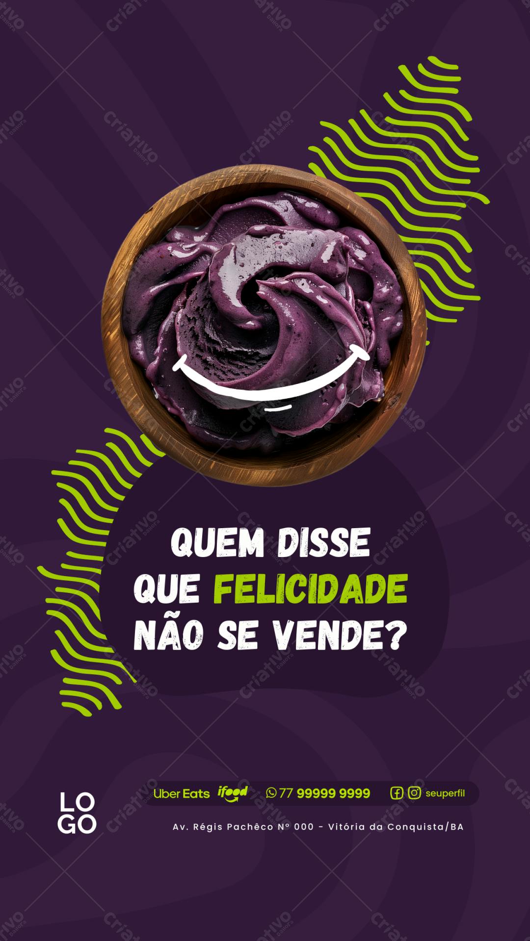 Post Instagram Açaí roxa e verde com frase motivacional Editável no Canva