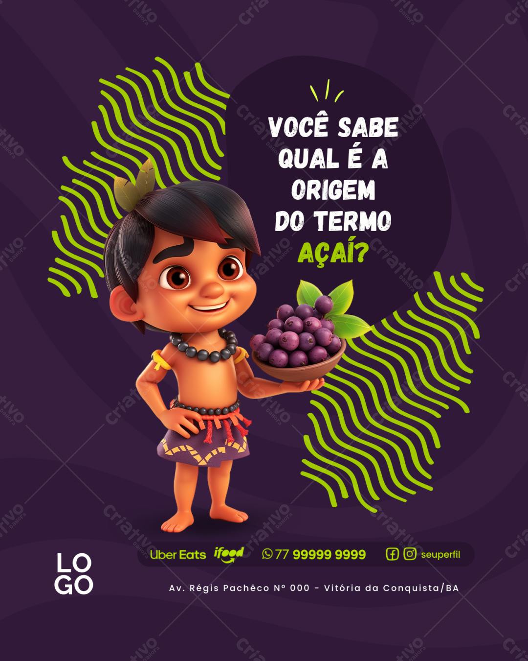 Post Instagram origem da palavra Açaí Editável no Canva