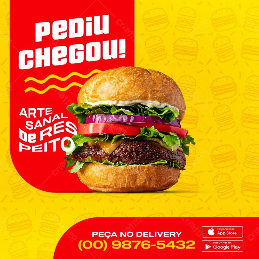 Postagem de Redes Sociais para Lançamento de Hambúrguer Artesanal PSD Editável