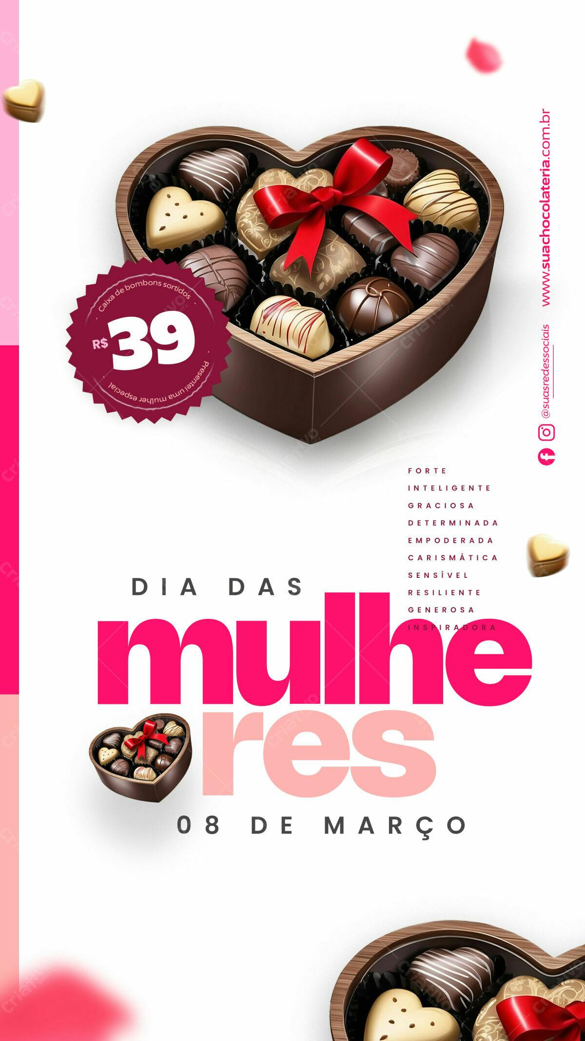 Flyer Dia Internacional da Mulher com Caixa de Bombons PSD Editável