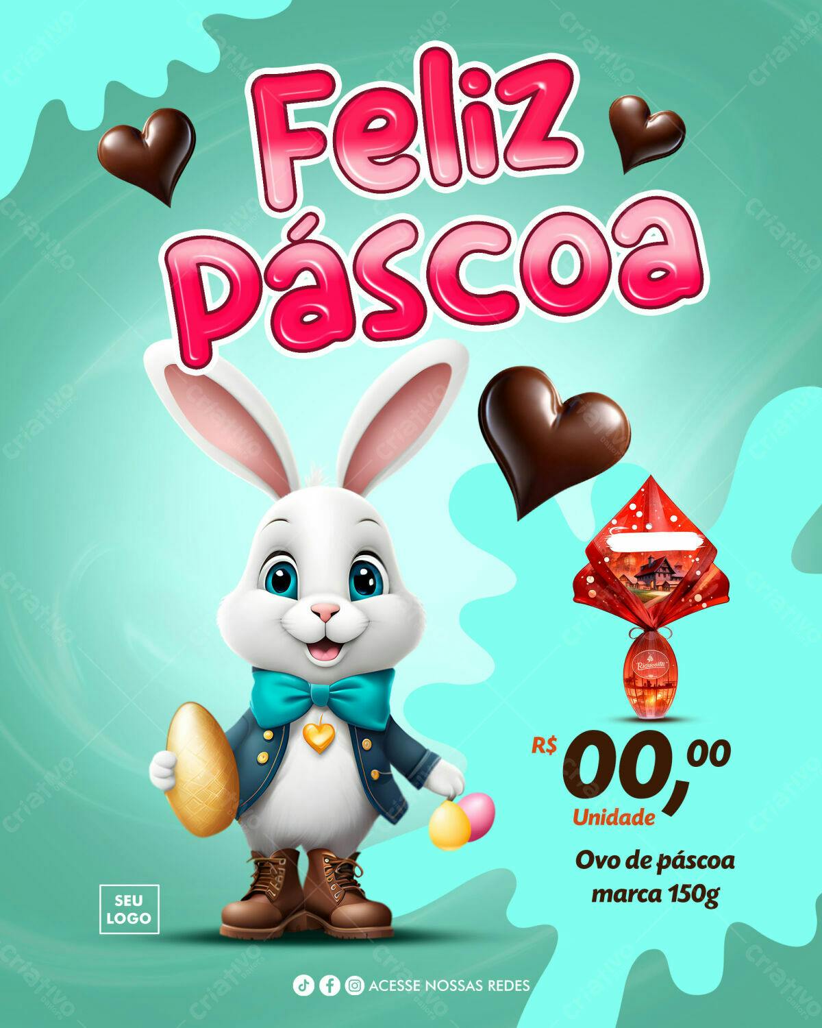 Flyer Páscoa com Coelho e Ovos PSD Editável