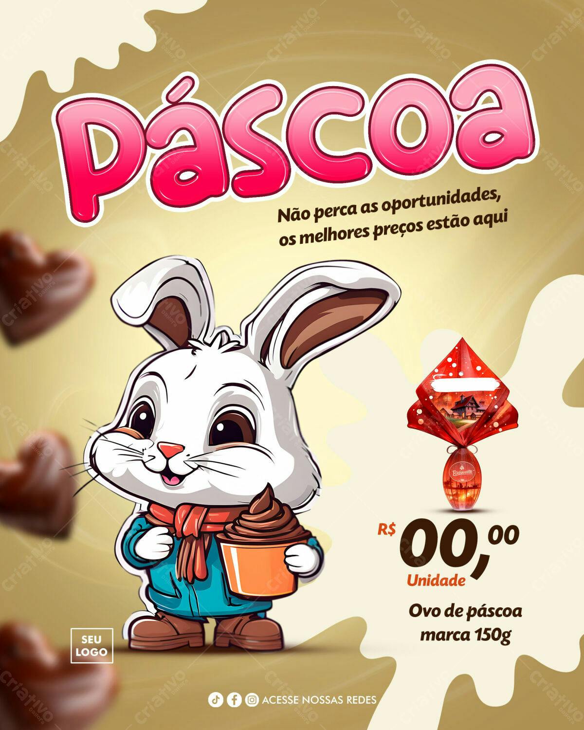 Flyer Páscoa com Coelho e Ovo de Chocolate PSD Editável