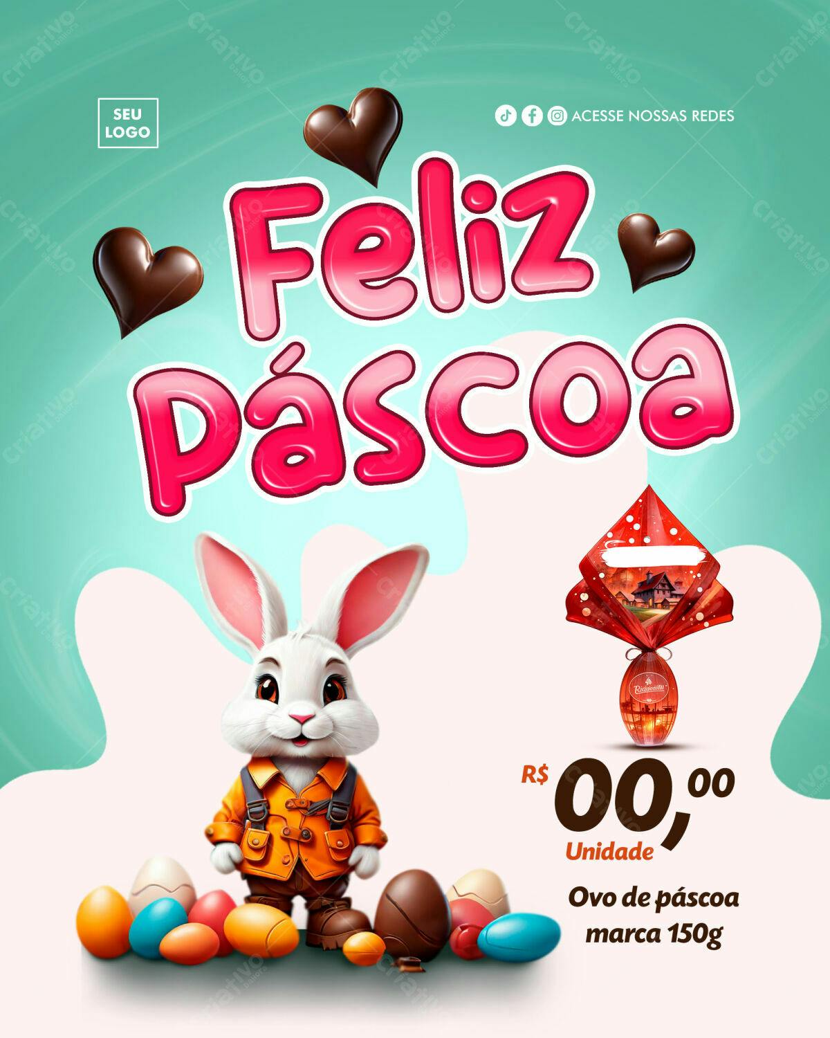 Flyer Páscoa com Coelho e Ovos PSD Editável