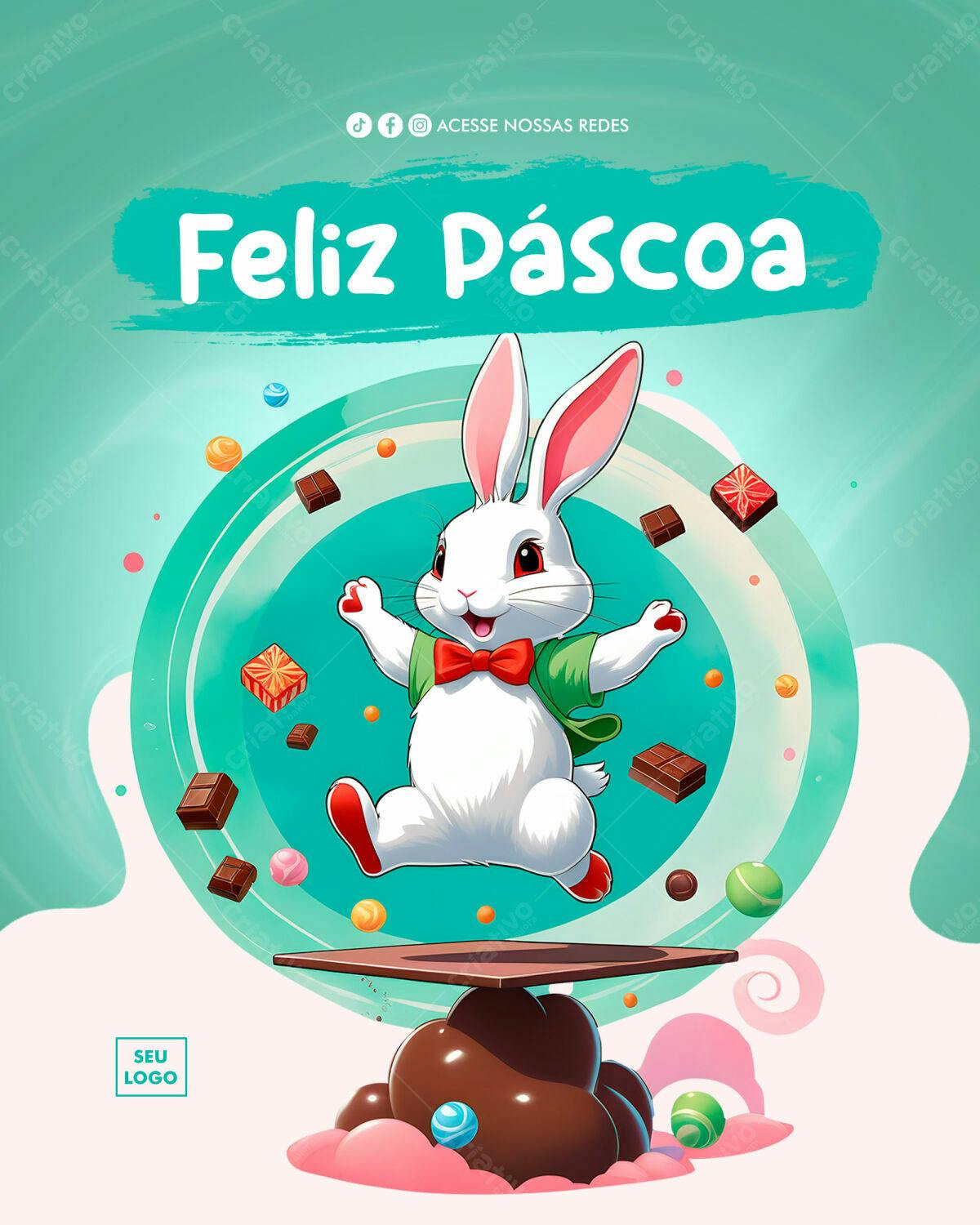 Flyer Páscoa com Coelho e Doces PSD Editável