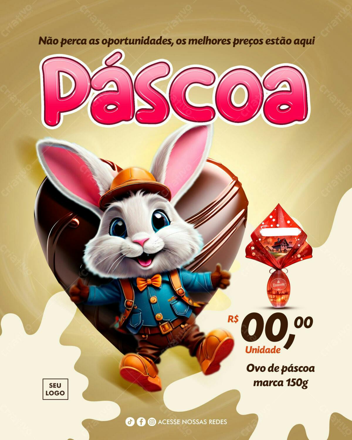 Flyer Páscoa com Coelho e Ovo de Chocolate PSD Editável