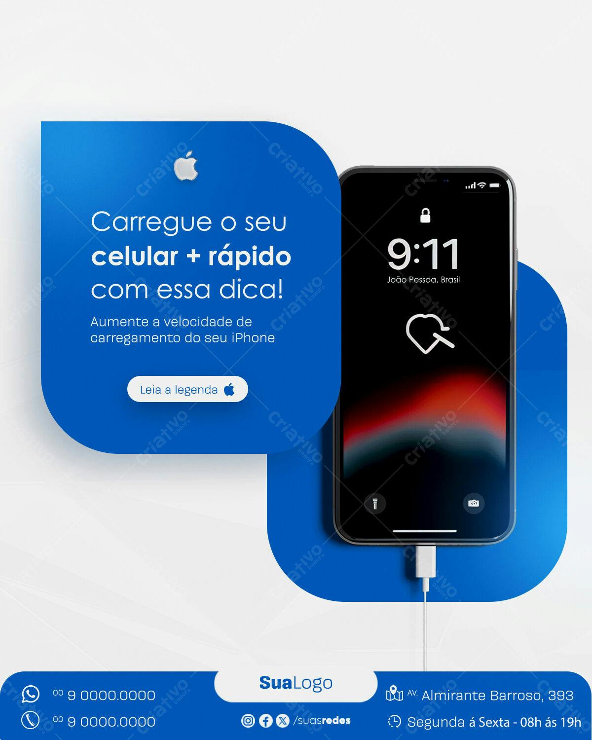 Modelo de Post para Redes Sociais - Dica de Carregamento Rápido iPhone PSD Editável