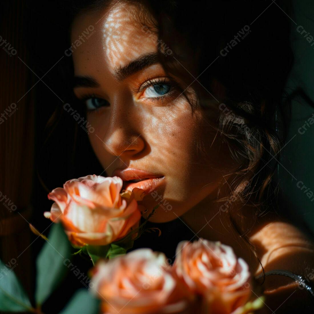 Mulher com rosas cor de pêssego em luz dramática