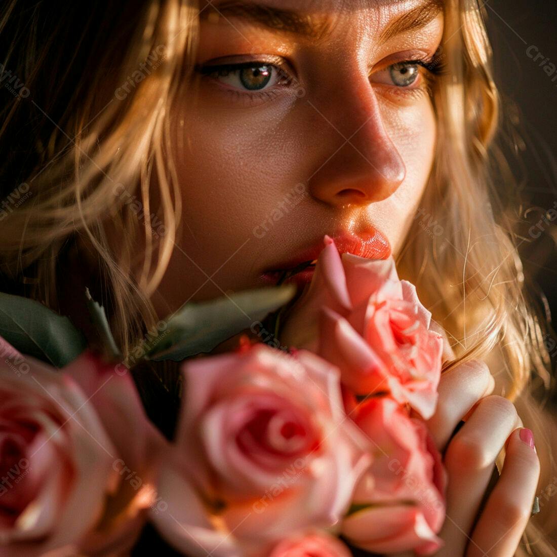Mulher loira cheirando rosas cor-de-rosa