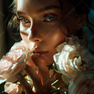 Uma mulher segurando e cheirando suavemente um buquê de rosas 4
