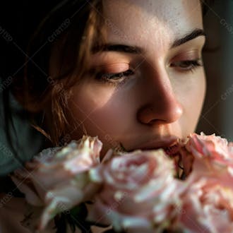 Uma mulher segurando e cheirando suavemente um buquê de rosas 5