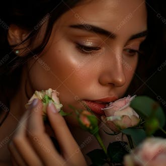Uma mulher segurando e cheirando suavemente um buquê de rosas 6