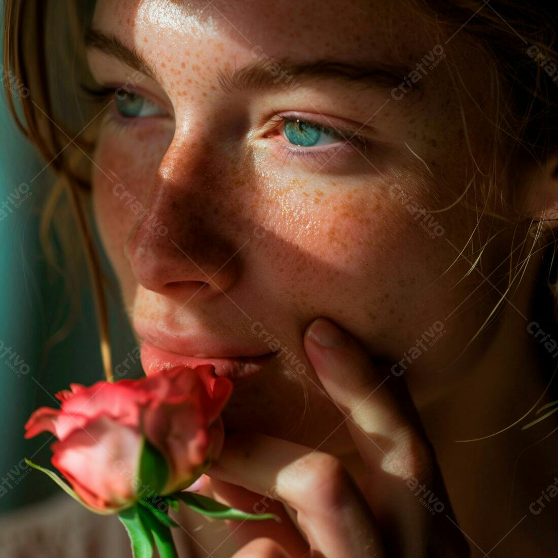 Mulher ruiva cheirando rosa iluminada pelo sol