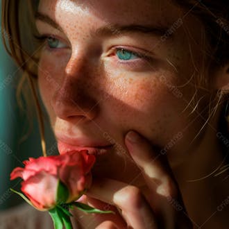 Uma mulher segurando e cheirando suavemente um buquê de rosas 7