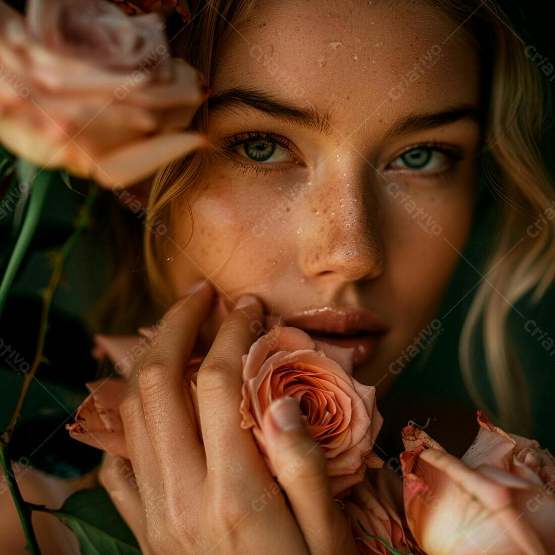 Mulher com Rosas cor de Pêssego