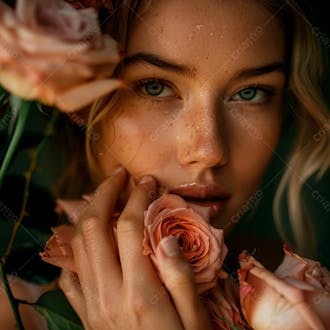 Uma mulher segurando e cheirando suavemente um buquê de rosas 8