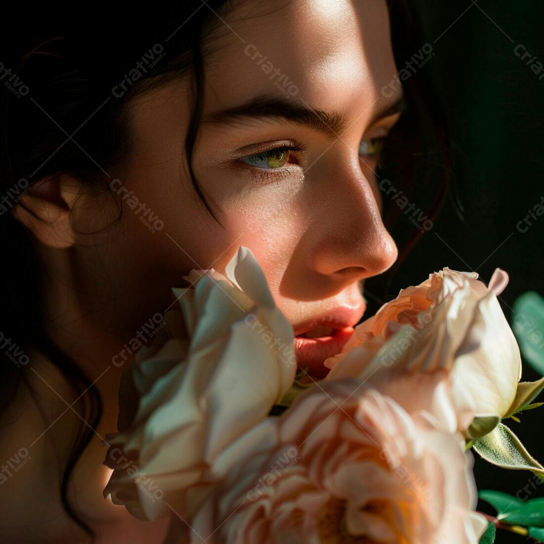 Mulher com rosas tons pastel luz natural
