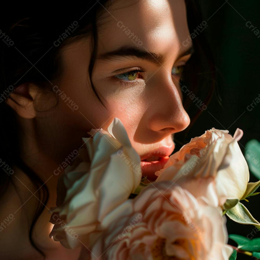 Uma Mulher Segurando E Cheirando Suavemente Um  Buquê De Rosas 9