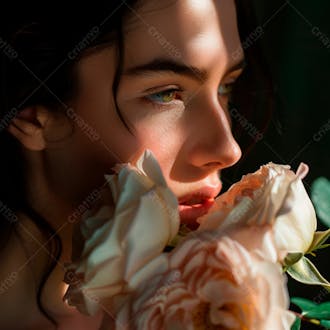 Uma mulher segurando e cheirando suavemente um buquê de rosas 9