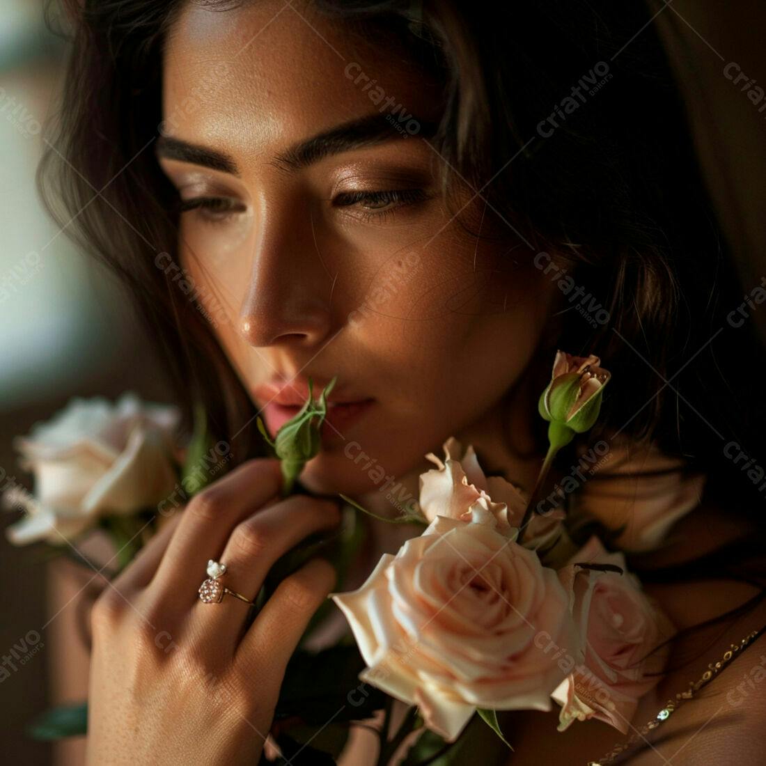 Mulher cheirando rosas cor de pêssego